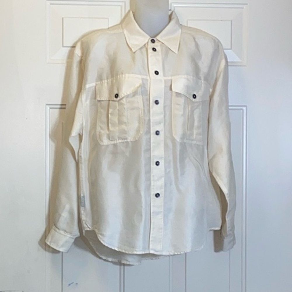 VTG LIZ WEAR PETITE 💯 SILK IVORY WOMEN TOP LONG SLEEVES SIZE M